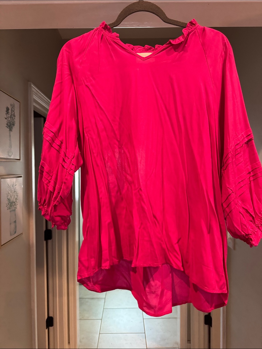Women's Hot Pink Ruffled V-Neck Blouse